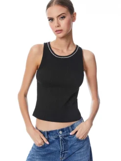 Women Alice and Olivia Allen Embellished Neck Ribbed Tank