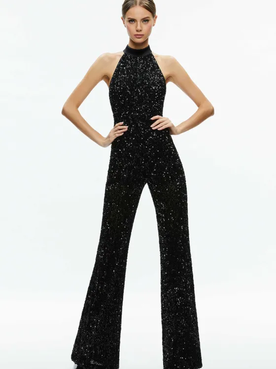 Women Alice and Olivia Cataline Sequin High Neck Wide Leg Jumpsuit