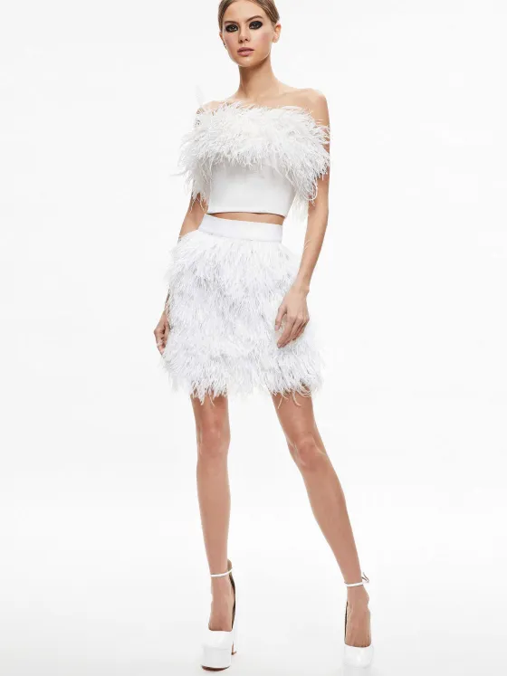 Women Alice and Olivia Ceresi Feather Top + Cina Feather Mini Skirt