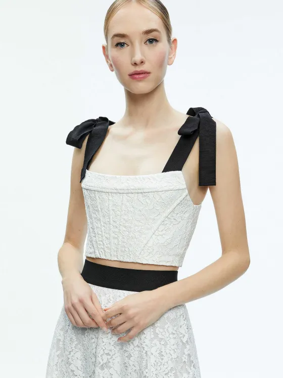 Women Alice and Olivia Clara Bow Strap Bustier Crop Top + Earla Lace Midi Skirt