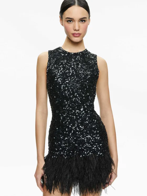 Women Alice and Olivia Coley Embellished Feather Trim Mini Dress