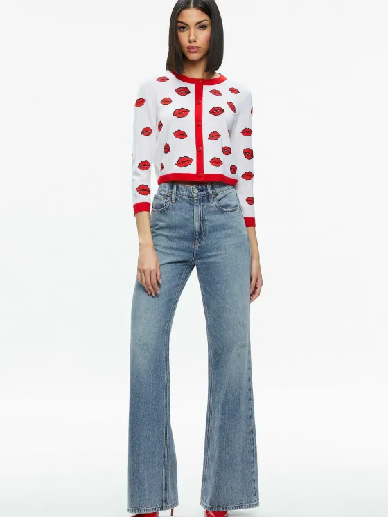 Women Alice and Olivia Daroda Kiss Crewneck Cropped Cardigan