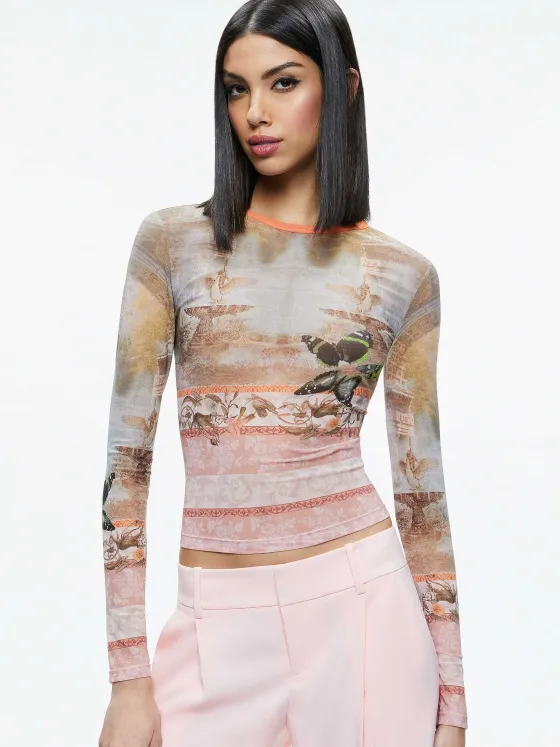 Women Alice and Olivia Delaina Printed Mesh Long Sleeve Crop Top