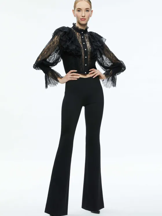 Women Alice and Olivia Delpha Ruffle Lace Blouson Sleeve Cropped Top