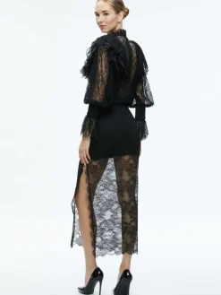 Women Alice and Olivia Delpha Ruffle Lace Blouson Sleeve Cropped Top