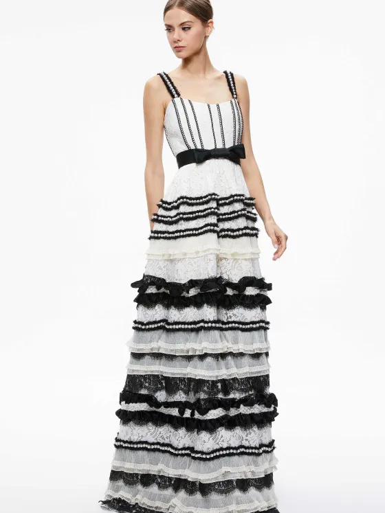 Women Alice and Olivia Denita Bustier Ruffle Gown