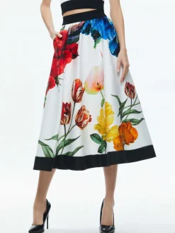 Women Alice and Olivia Earla High Rise Flared Midi Skirt
