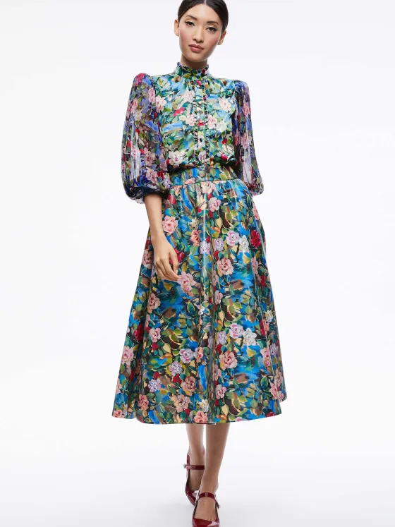 Women Alice and Olivia Earla Vegan Leather Flare Skirt + Ilan Smocked Sleeve Button Front Blouse