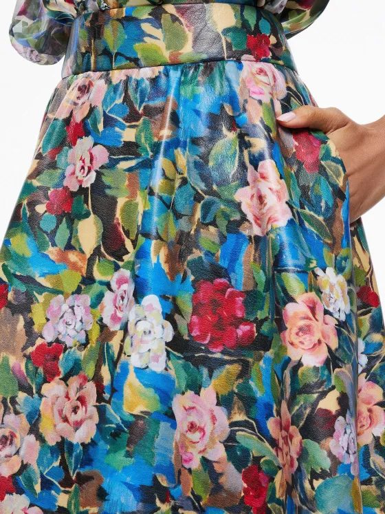 Women Alice and Olivia Earla Vegan Leather Flare Skirt + Ilan Smocked Sleeve Button Front Blouse