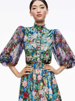 Women Alice and Olivia Earla Vegan Leather Flare Skirt + Ilan Smocked Sleeve Button Front Blouse