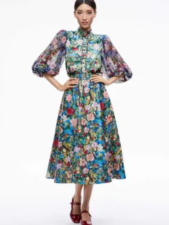 Women Alice and Olivia Earla Vegan Leather Flare Skirt + Ilan Smocked Sleeve Button Front Blouse