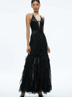 Women Alice and Olivia Edera Ruffle Lace Maxi Gown