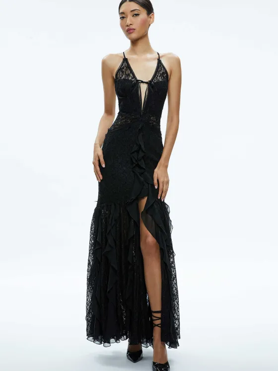 Women Alice and Olivia Edera Ruffle Lace Maxi Gown