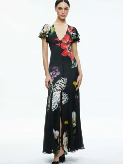 Women Alice and Olivia Fara Deep V-Neck Flutter Sleeve Maxi Dress