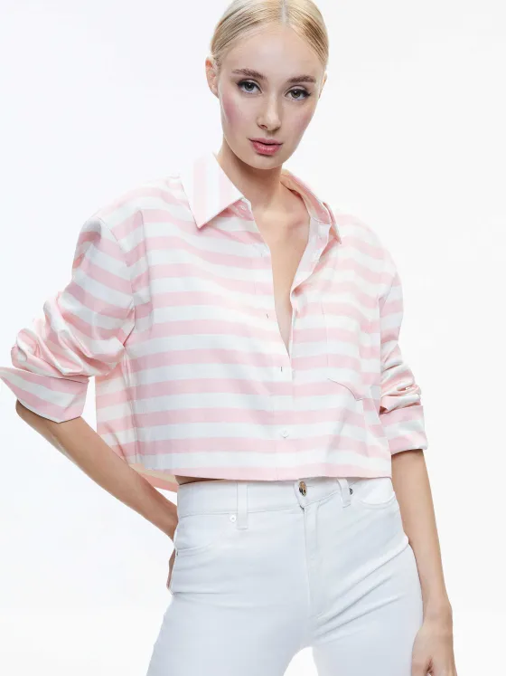 Women Alice and Olivia Finely Cropped Oversized Button Down Shirt