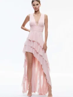 Women Alice and Olivia Holly Low Neck Asymmetric Ruffled Maxi Dress