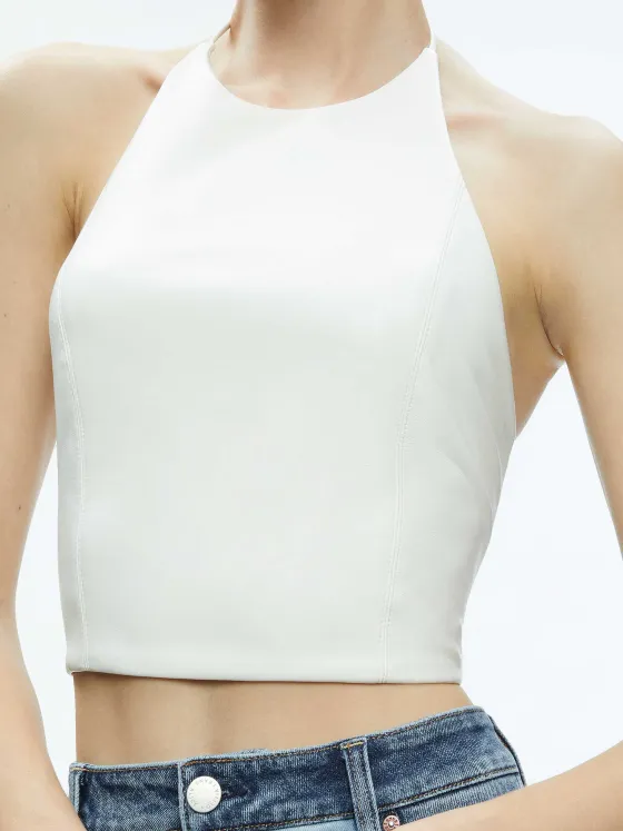 Women Alice and Olivia Jaymee Vegan Leather Cropped Halter Top