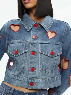 Women Alice and Olivia Jeff Heart Embroidered Cropped Denim Jacket