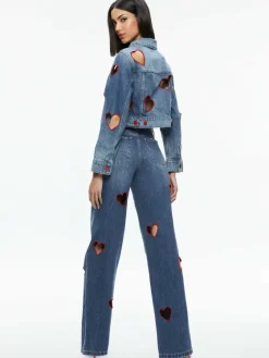 Women Alice and Olivia Jeff Heart Embroidered Cropped Denim Jacket