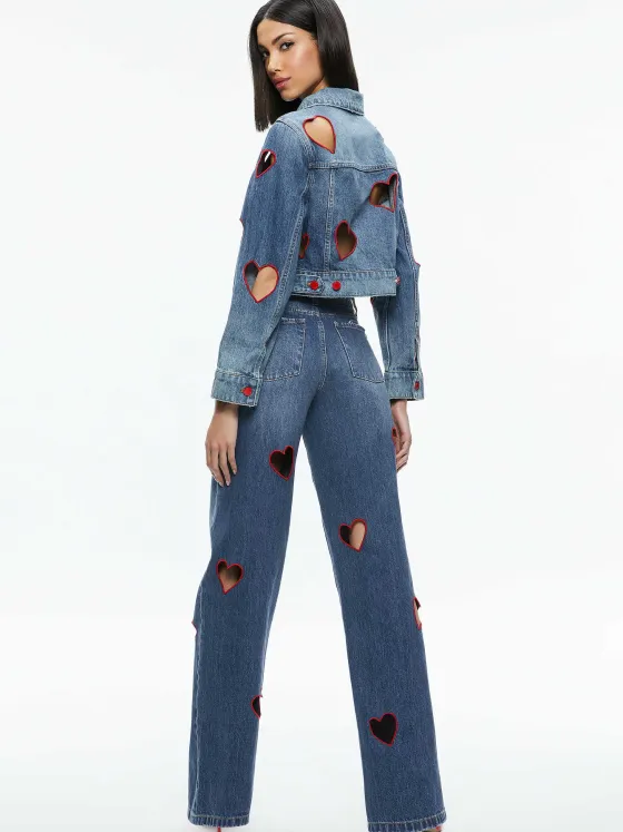 Women Alice and Olivia Jeff Heart Embroidered Cropped Denim Jacket