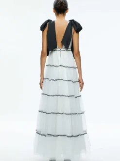 Women Alice and Olivia Jessalyn Bow Strap Tiered Maxi Gown