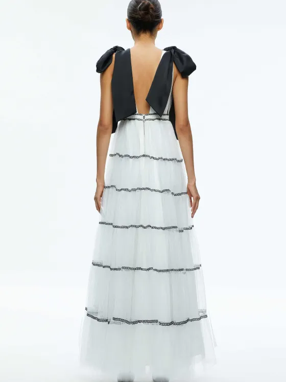 Women Alice and Olivia Jessalyn Bow Strap Tiered Maxi Gown