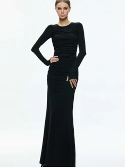 Women Alice and Olivia Katherina Crew Neck Long Sleeve Ruched Maxi Dress