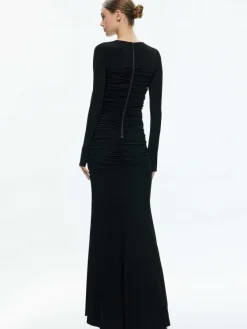 Women Alice and Olivia Katherina Crew Neck Long Sleeve Ruched Maxi Dress
