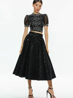 Women Alice and Olivia Kristina Embellished Puff Sleeve Crop Top