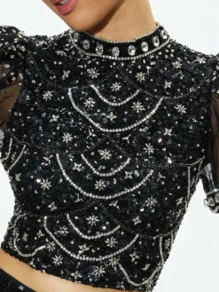 Women Alice and Olivia Kristina Embellished Puff Sleeve Crop Top