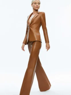 Women Alice and Olivia Macey Fitted Vegan Leather Blazer + Danette Vegan Leather Split Hem Trousers