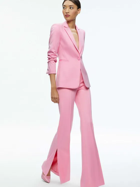 Women Alice and Olivia Macey Notch Collar Fitted Blazer + Danette High Rise Flare Slit Trouser