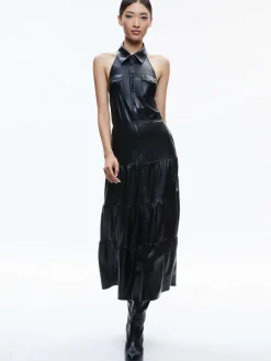 Women Alice and Olivia Miranda Vegan Halter Neck Tiered Midi Dress