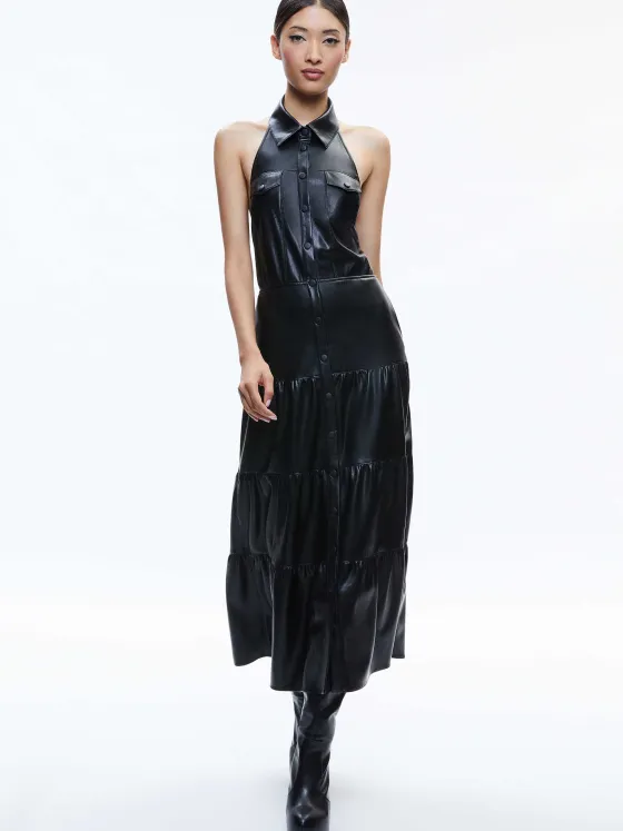 Women Alice and Olivia Miranda Vegan Halter Neck Tiered Midi Dress