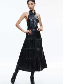 Women Alice and Olivia Miranda Vegan Halter Neck Tiered Midi Dress