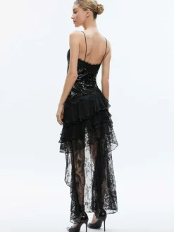Women Alice and Olivia Nelia Sequined High Low Ruffled Maxi Dress