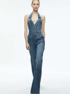 Women Alice and Olivia Noemi Halter Neck Denim Jumpsuit