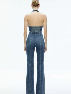 Women Alice and Olivia Noemi Halter Neck Denim Jumpsuit