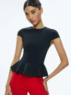 Women Alice and Olivia Poppy Crew Neck Cap Sleeve Peplum Top