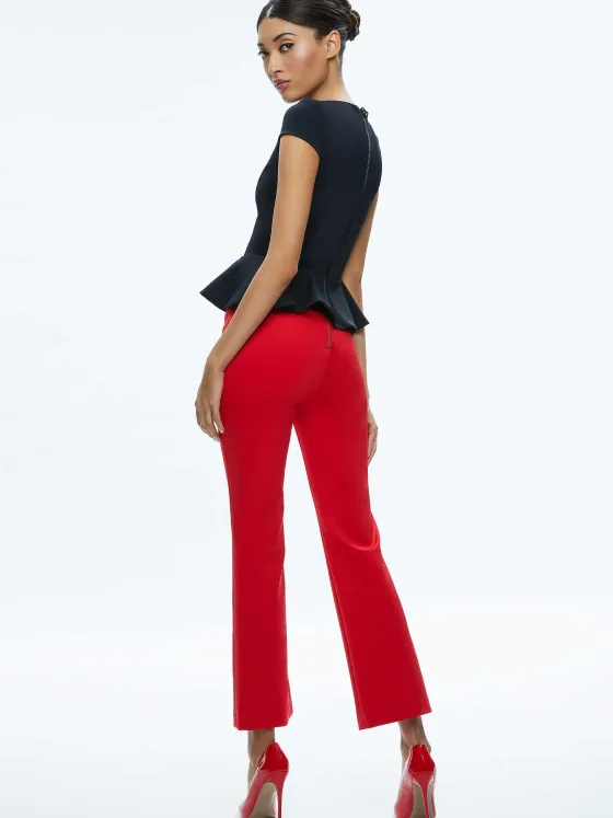 Women Alice and Olivia Poppy Crew Neck Cap Sleeve Peplum Top