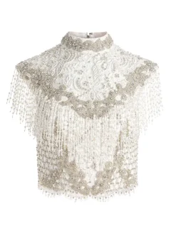 Women Alice and Olivia Pria Embellished Mock Neck Fringe Top