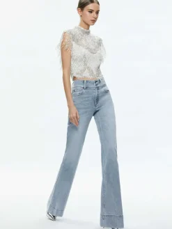 Women Alice and Olivia Pria Embellished Mock Neck Fringe Top