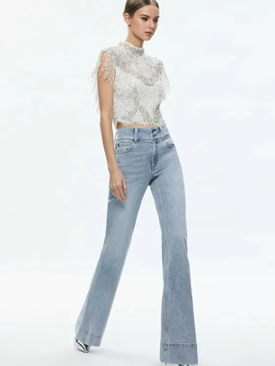 Women Alice and Olivia Pria Embellished Mock Neck Fringe Top