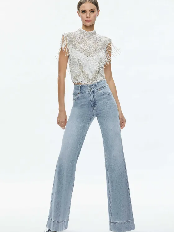 Women Alice and Olivia Pria Embellished Mock Neck Fringe Top