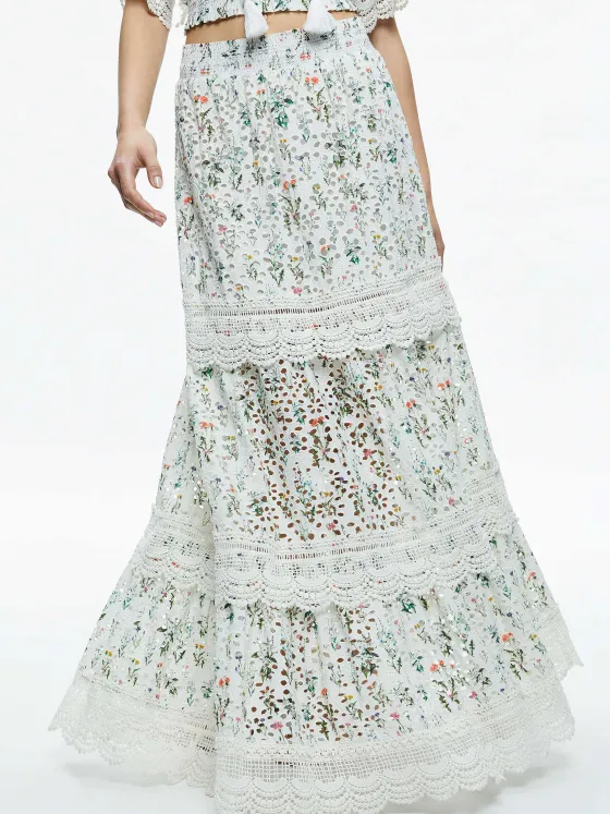 Women Alice and Olivia Reise Embroidered Tiered Maxi Skirt