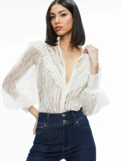 Women Alice and Olivia Rheba Mock Neck Button Front Lace Top