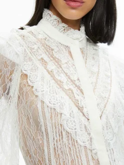 Women Alice and Olivia Rheba Mock Neck Button Front Lace Top