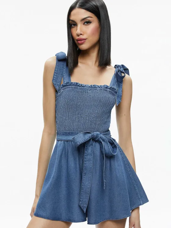Women Alice and Olivia Roz Smocked Chambray Romper