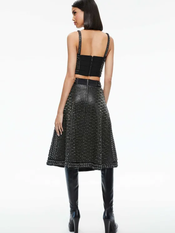 Women Alice and Olivia Sosie Studded Leather Midi Skirt