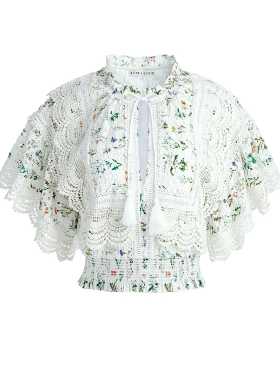 Women Alice and Olivia Tabitha Lace Button Front Cropped Blouse